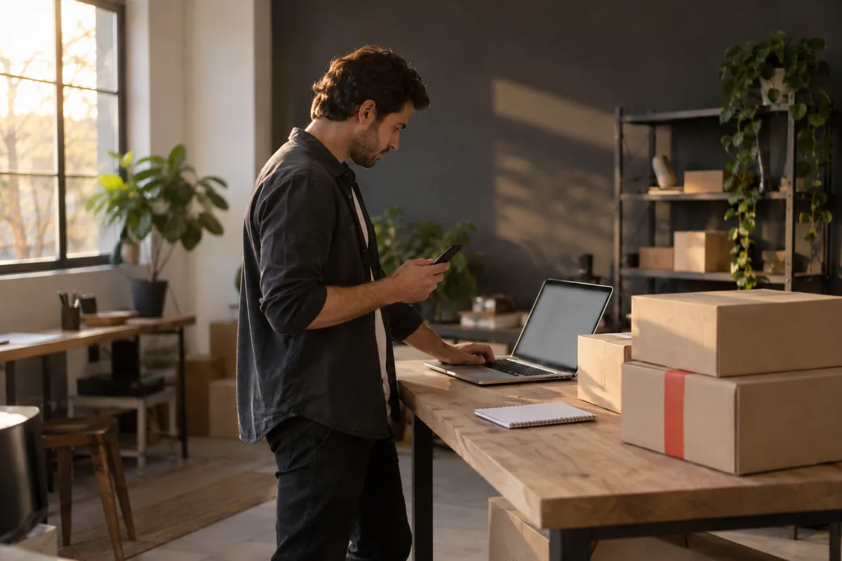 Un emprendedor revisa su celular y su notebook junto a cajas listas para enviar