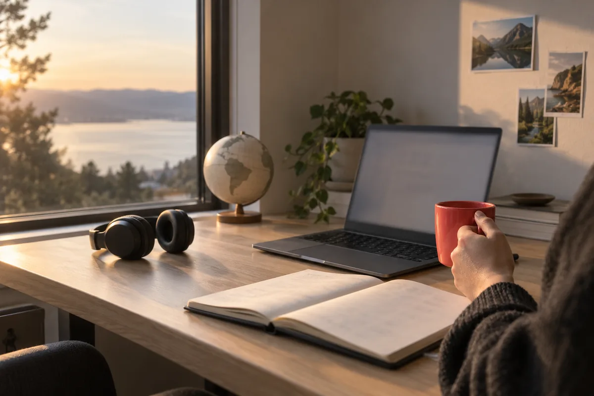 Escritorio con un globo terráqueo, auriculares, una notebook y un cuaderno